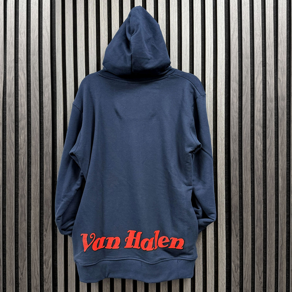 Van Halen Unisex Unplugged Pullover Hoodie: Pinup Motorcycle (Navy Blue) (Back Print)