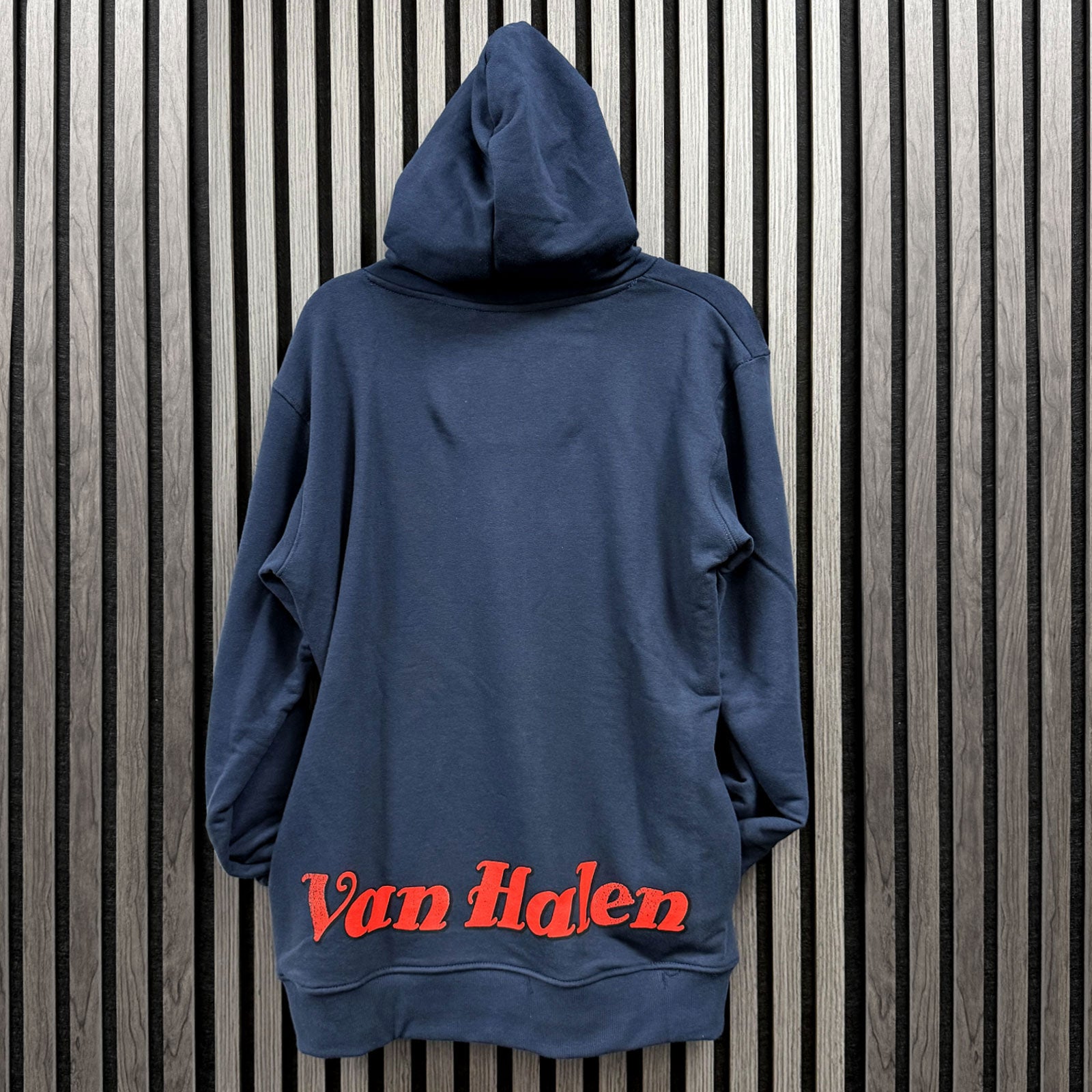 Van Halen Unisex Unplugged Pullover Hoodie: Pinup Motorcycle (Navy Blue) (Back Print)