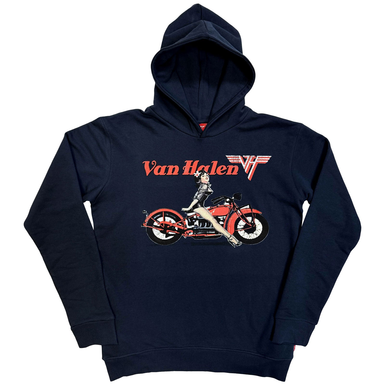 Van Halen Unisex Unplugged Pullover Hoodie: Pinup Motorcycle (Navy Blue) (Back Print)