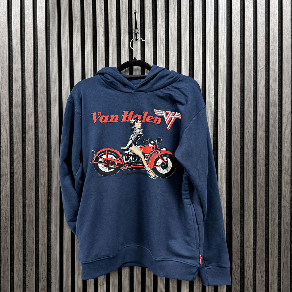 Van Halen Unisex Unplugged Pullover Hoodie: Pinup Motorcycle (Navy Blue) (Back Print)