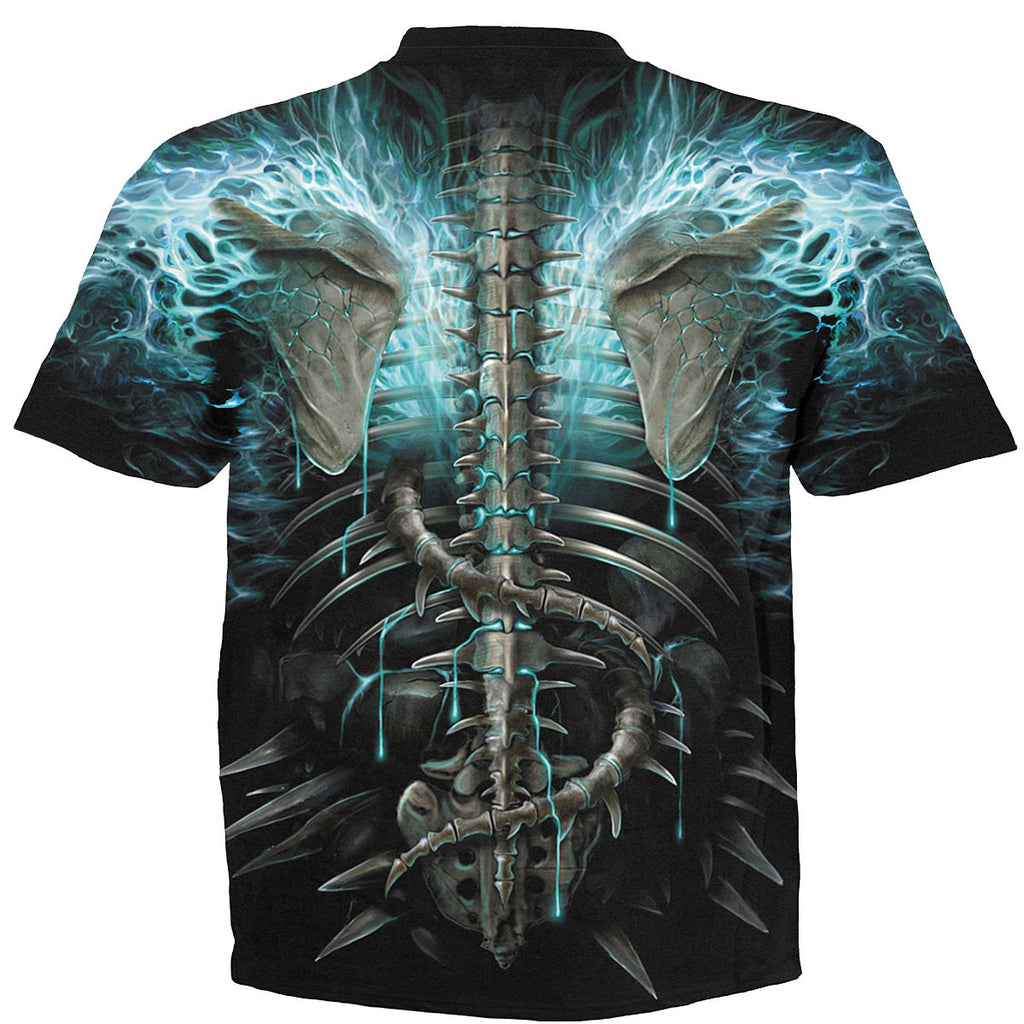 Spiral Unisex T-Shirt: Flaming Spine (Black) (All Over Print)