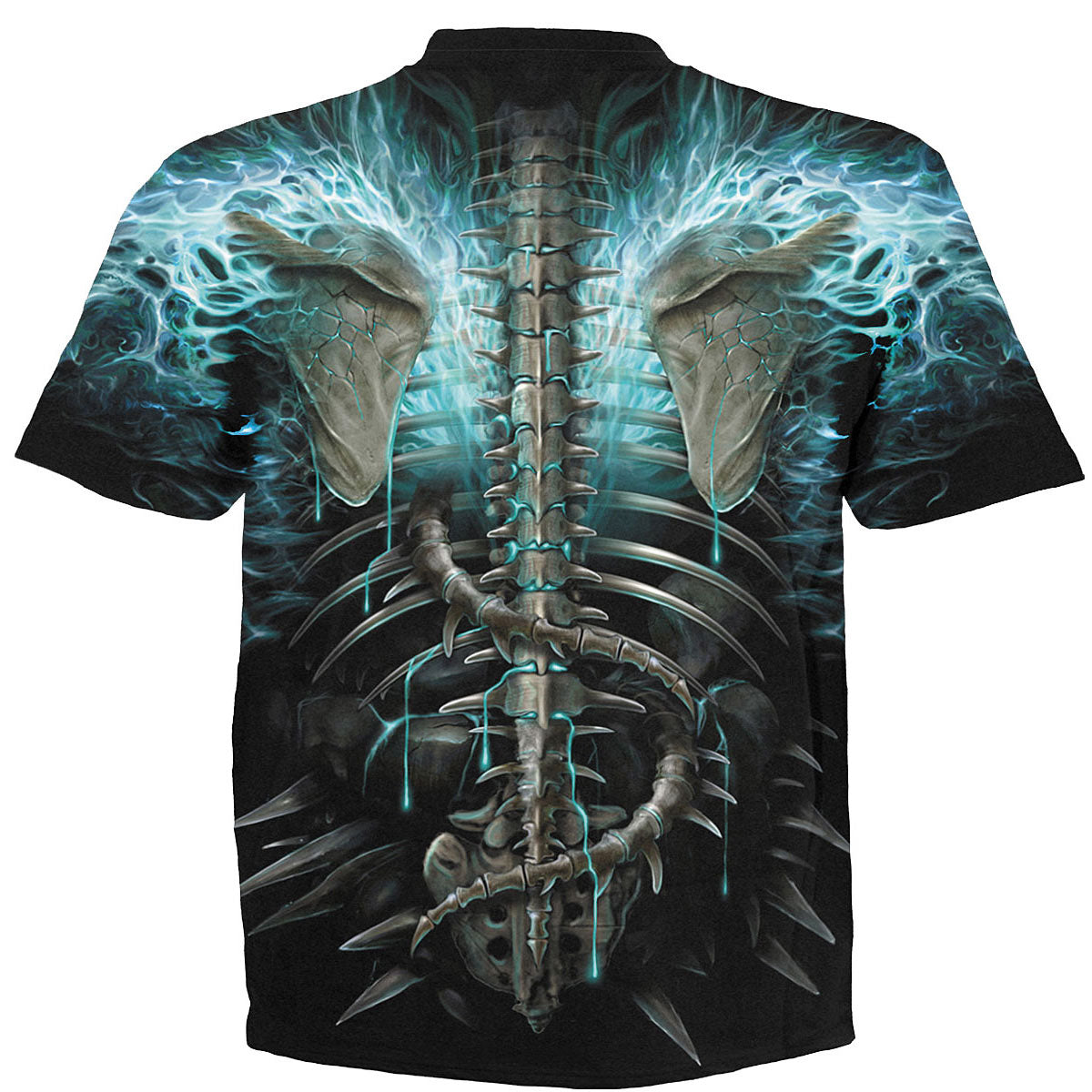 Spiral Unisex T-Shirt: Flaming Spine (Black) (All Over Print)