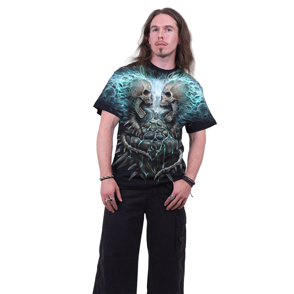 Spiral Unisex T-Shirt: Flaming Spine (Black) (All Over Print)