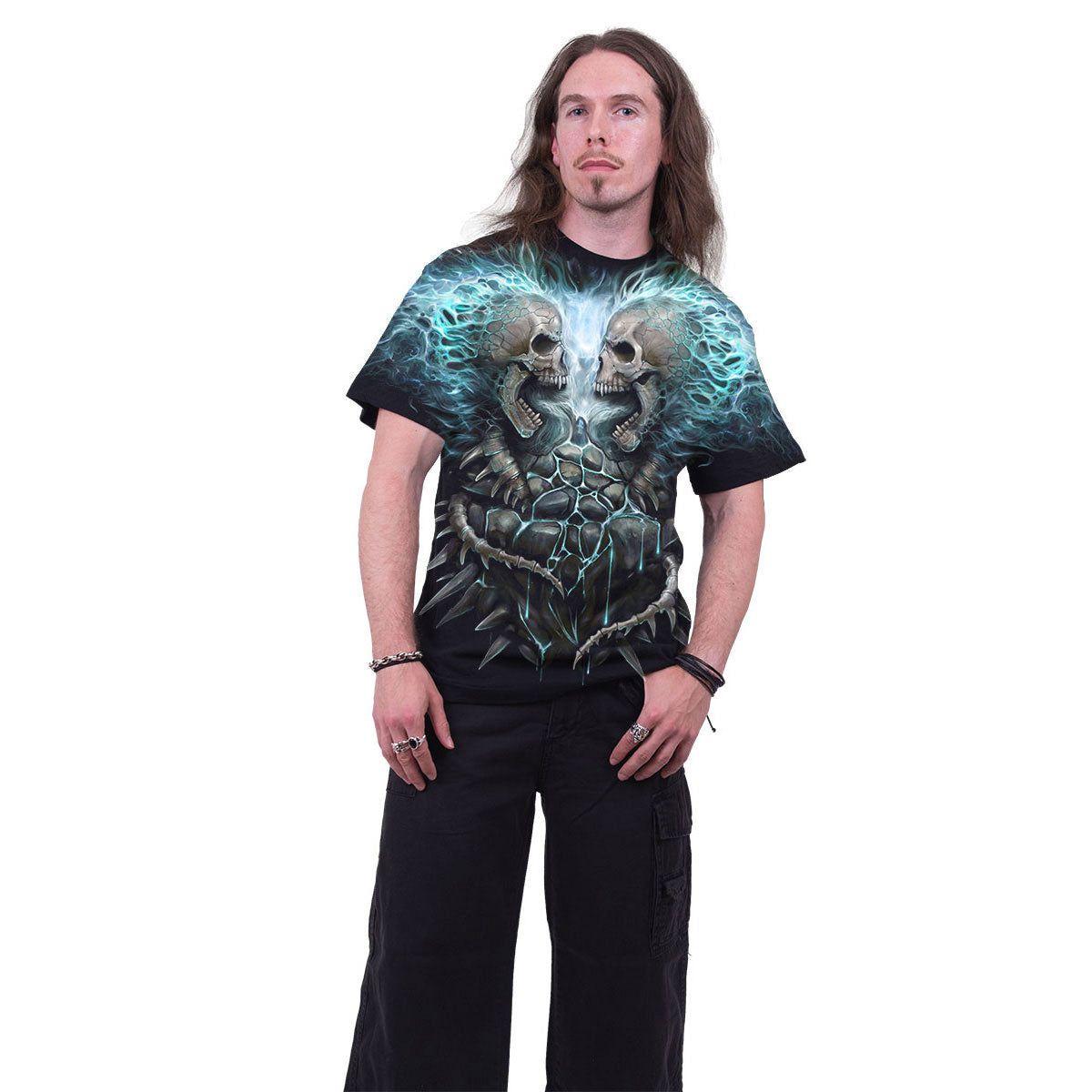 Spiral Unisex T-Shirt: Flaming Spine (Black) (All Over Print)