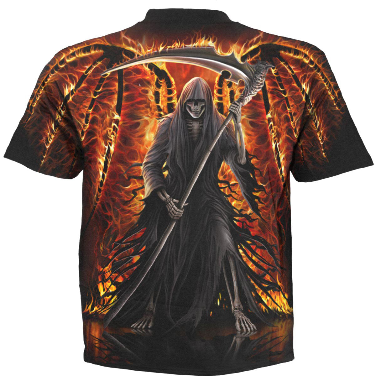 Spiral Unisex T-Shirt: Flaming Death (Black) (All Over Print)
