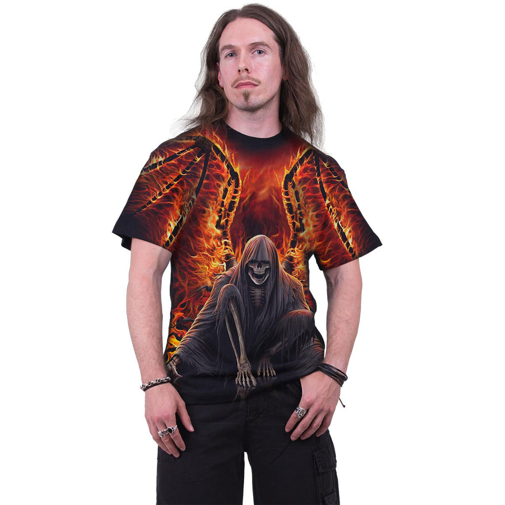 Spiral Unisex T-Shirt: Flaming Death (Black) (All Over Print)