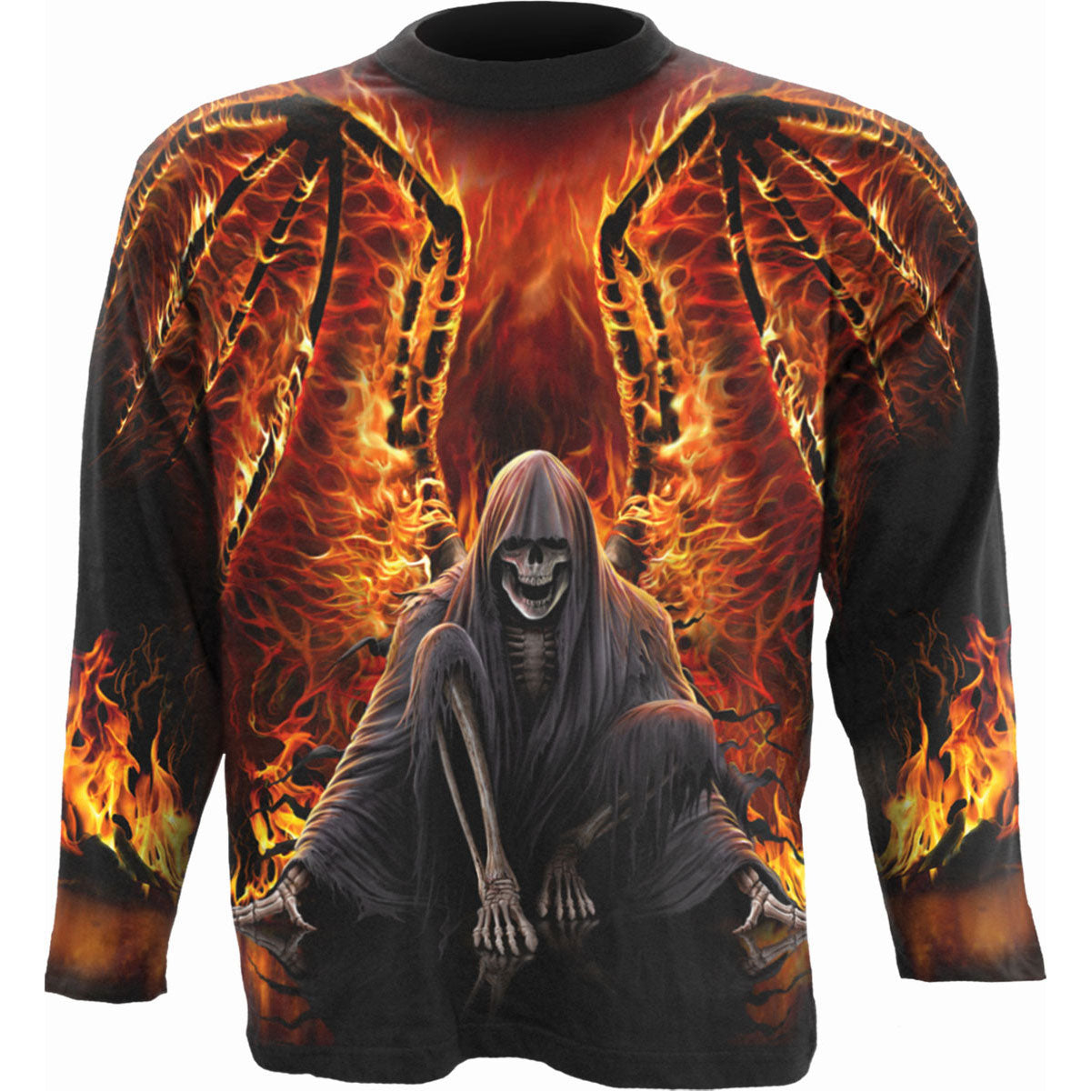Spiral Unisex Long Sleeve T-Shirt: Flaming Death (Black) (All Over Print)