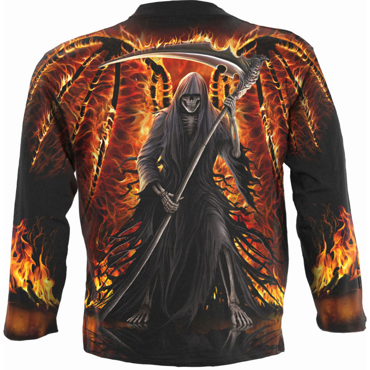 Spiral Unisex Long Sleeve T-Shirt: Flaming Death (Black) (All Over Print)