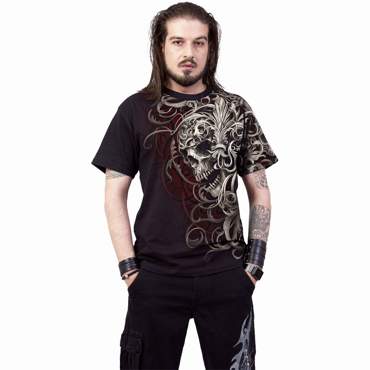 Spiral Unisex T-Shirt: Skull Shoulder Wrap (Black) (All Over Print)