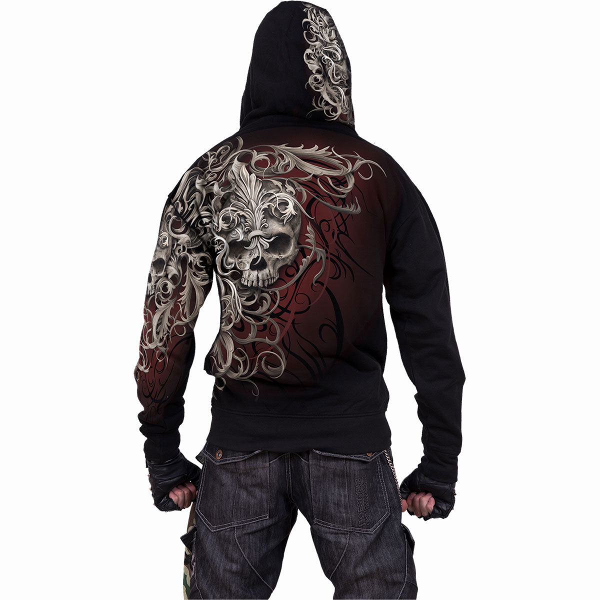 Spiral Unisex Pullover Hoodie: Skull Shoulder Wrap (Black) (All Over Print)