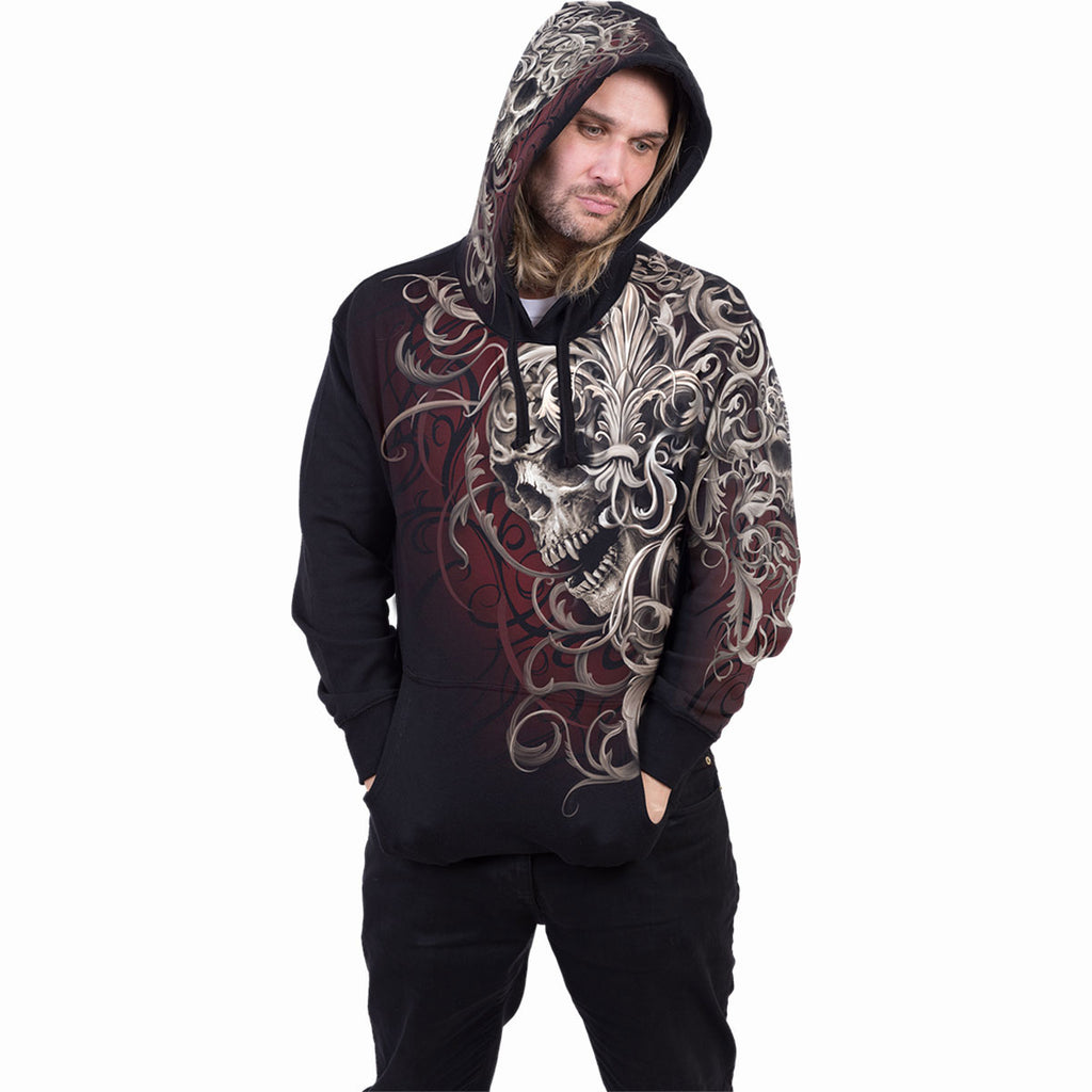 Spiral Unisex Pullover Hoodie: Skull Shoulder Wrap (Black) (All Over Print)