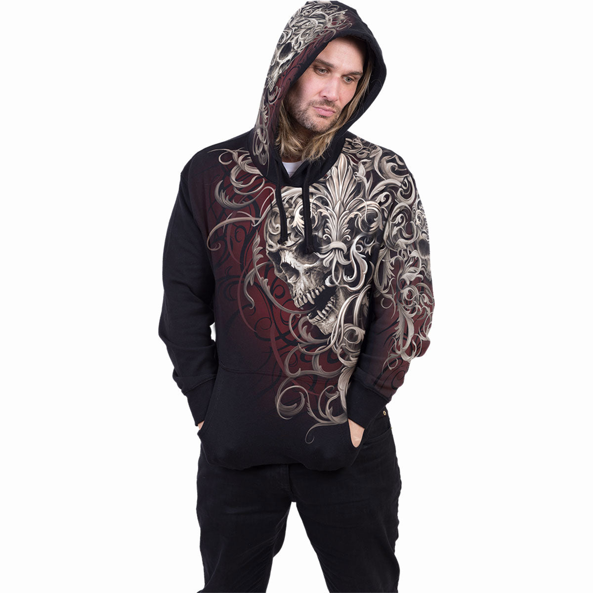 Spiral Unisex Pullover Hoodie: Skull Shoulder Wrap (Black) (All Over Print)