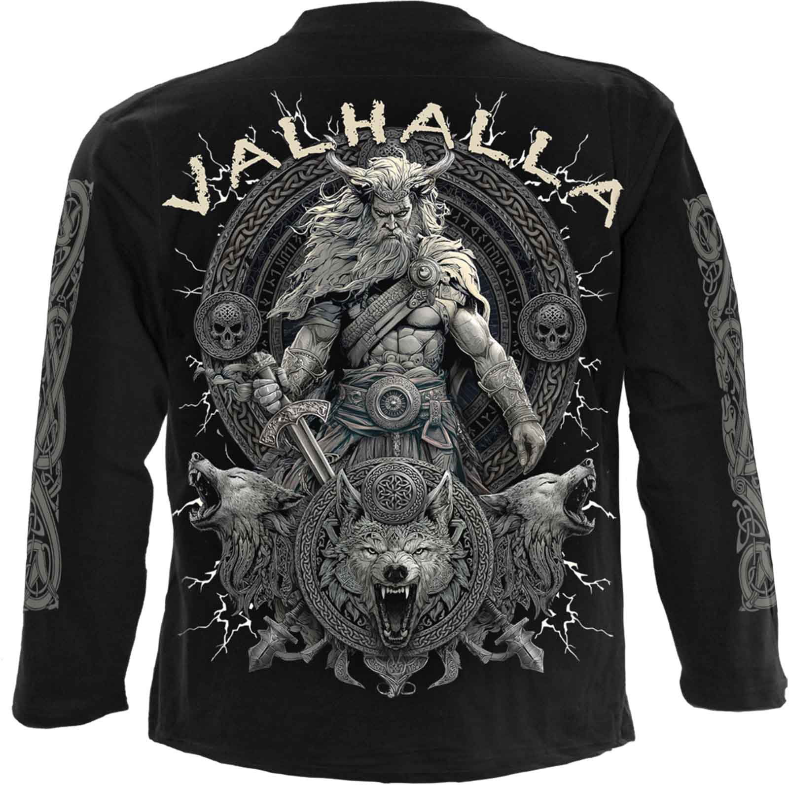 Spiral Unisex Long Sleeve T-Shirt: Valhalla (Black) (Back & Sleeve Print)