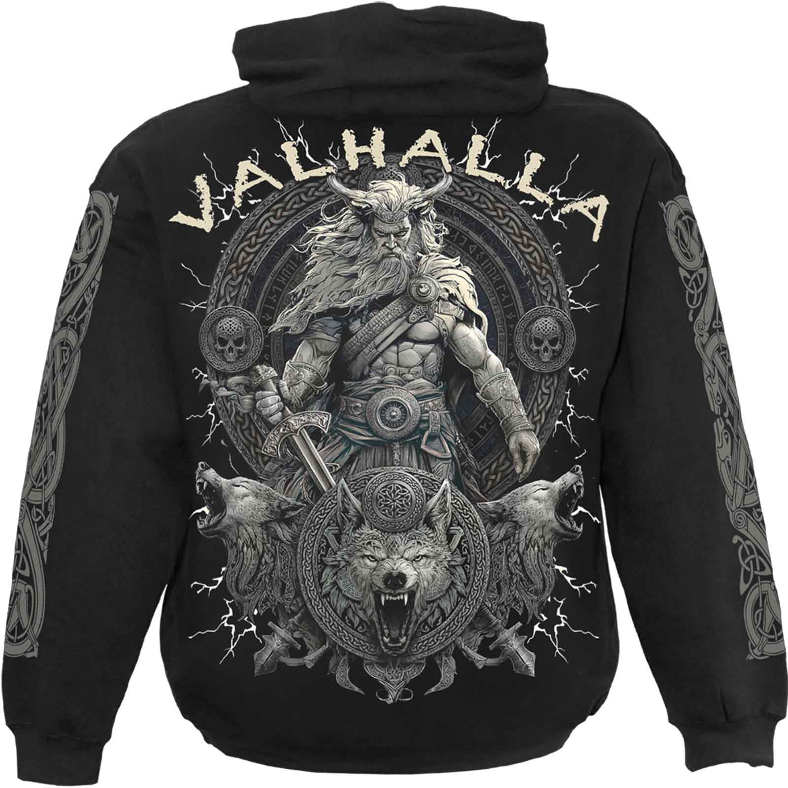 Spiral Unisex Pullover Hoodie: Valhalla (Black) (Back & Sleeve Print)