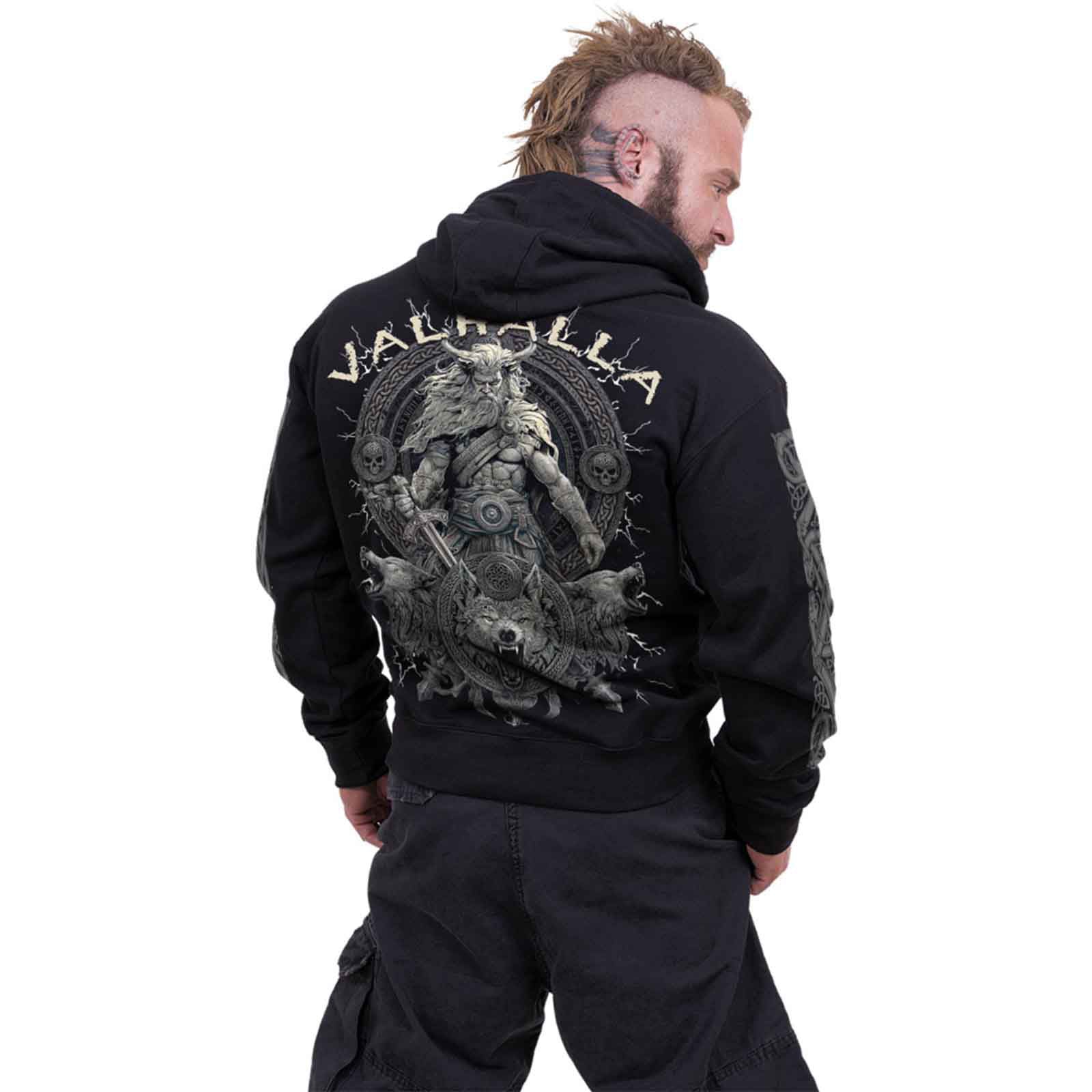Spiral Unisex Pullover Hoodie: Valhalla (Black) (Back & Sleeve Print)