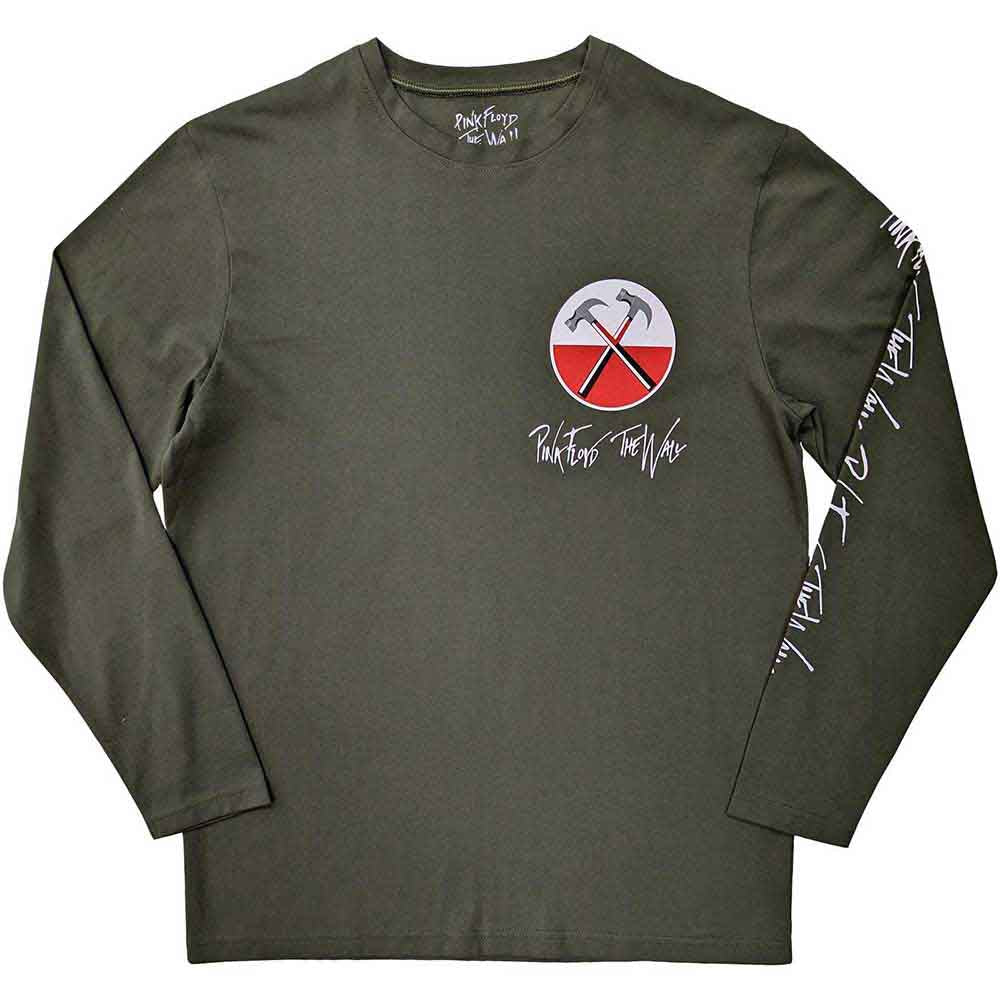 Pink Floyd Unisex Long Sleeve T-Shirt: The Wall Hammers Logo (Green) (Back & Sleeve Print)