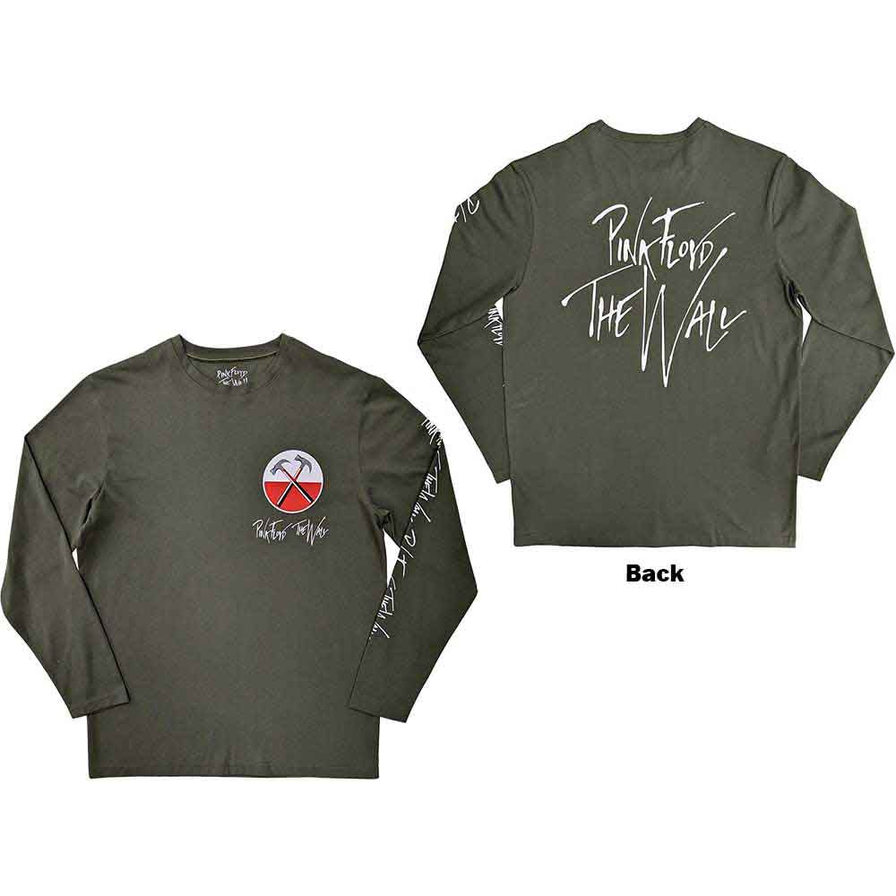 Pink Floyd Unisex Long Sleeve T-Shirt: The Wall Hammers Logo (Green) (Back & Sleeve Print)