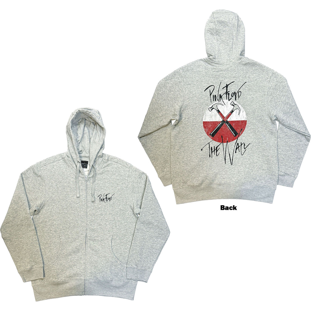Pink Floyd Unisex Zipped Hoodie: The Wall Faded Hammers Logo (Grey) (Back Print)