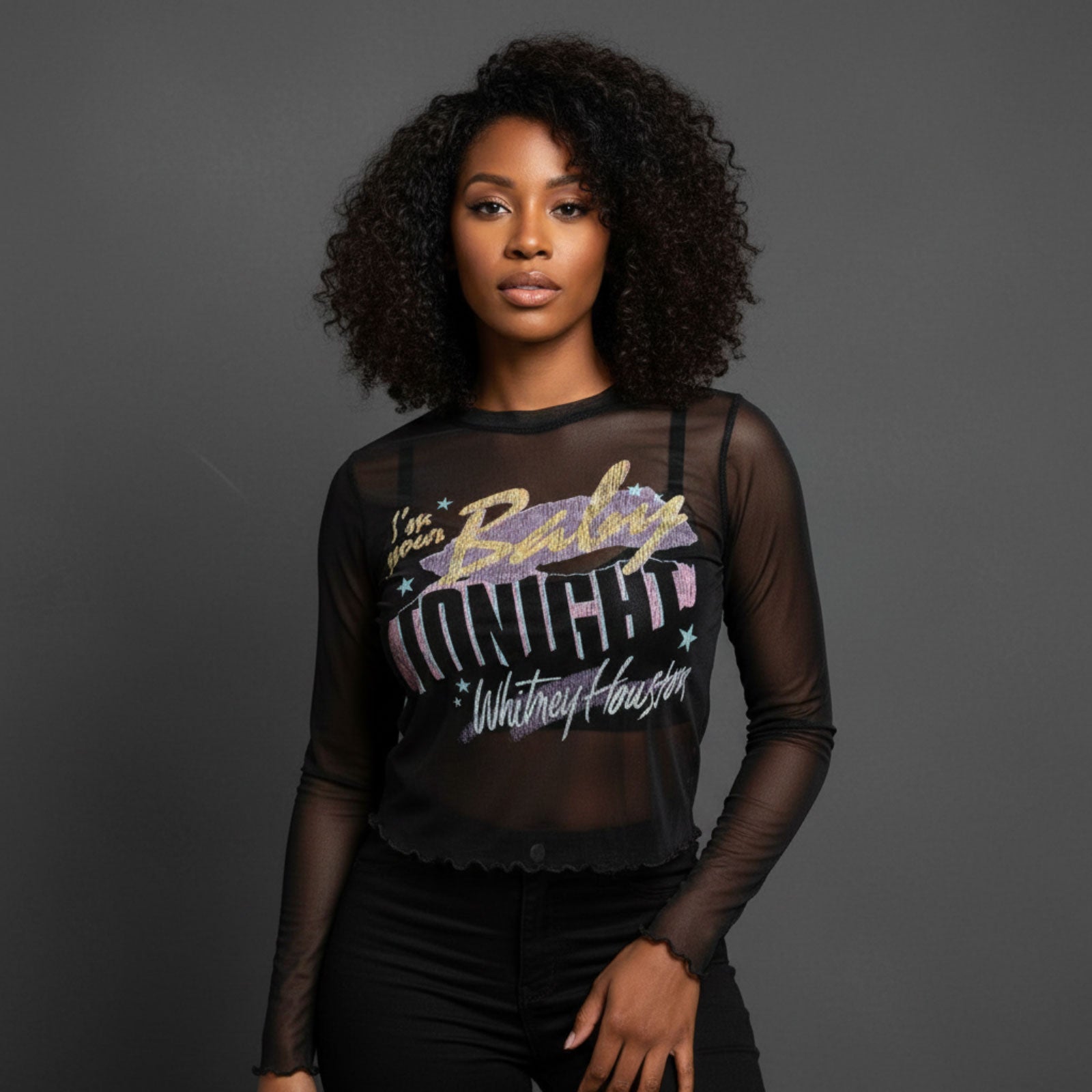 Whitney Houston Ladies Long Sleeve Mesh Crop Top: I'm Your Baby (Black)