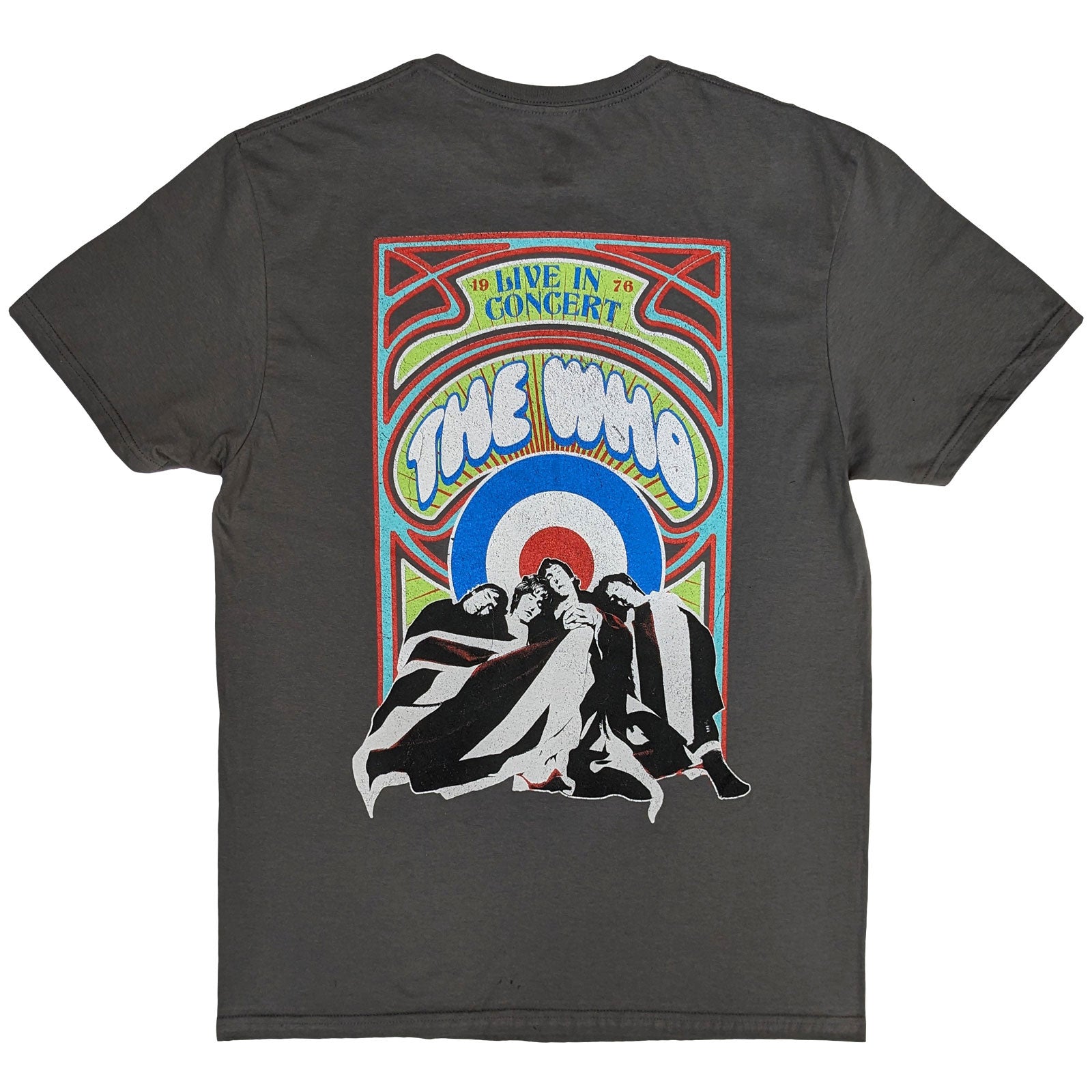 The Who Unisex T-Shirt: Flag Cartoon (Charcoal Grey) (Back Print)