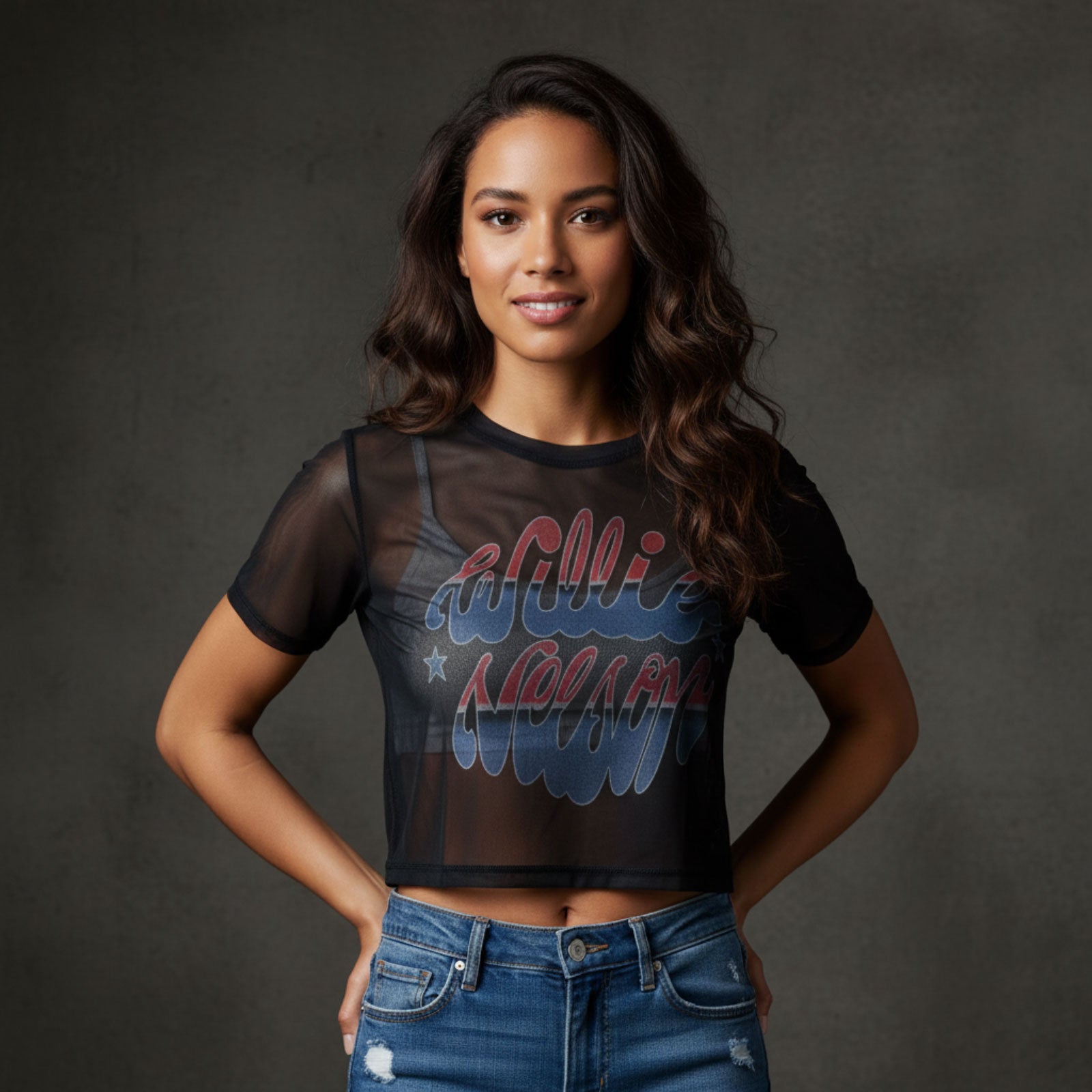 Willie Nelson Ladies Mesh Crop Top: Americana (Navy Blue)