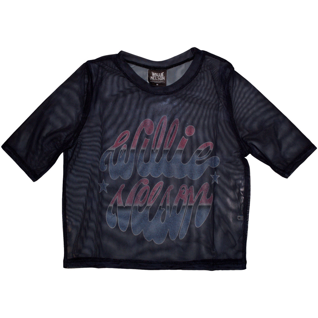 Willie Nelson Ladies Mesh Crop Top: Americana (Navy Blue)