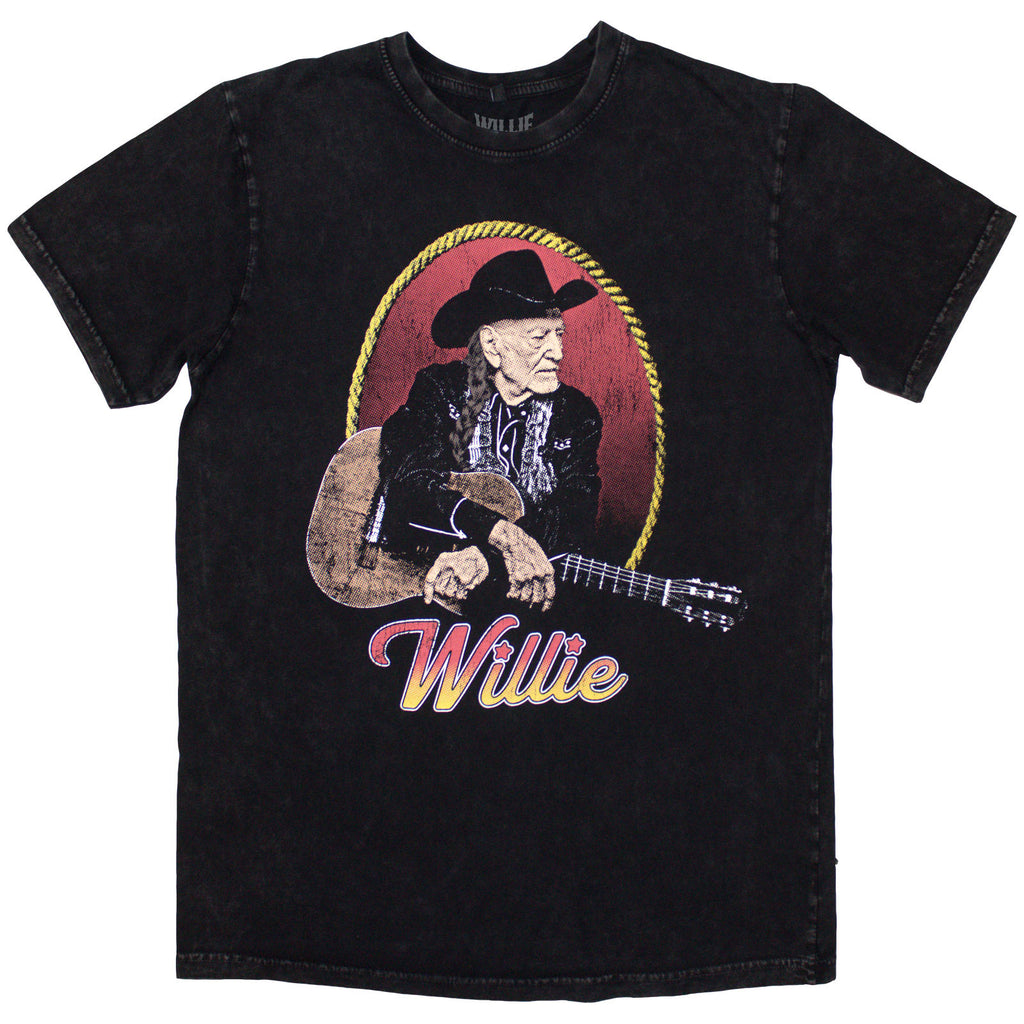 Willie Nelson Unisex Stone Wash T-Shirt: Lasso Portrait (Black)