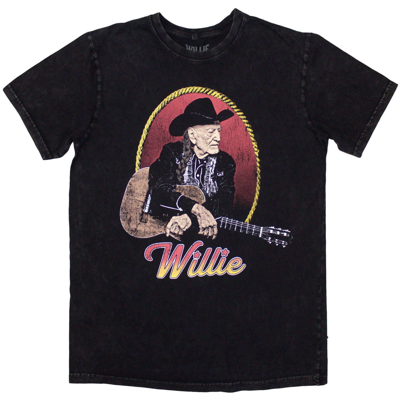 Willie Nelson Unisex Stone Wash T-Shirt: Lasso Portrait (Black)