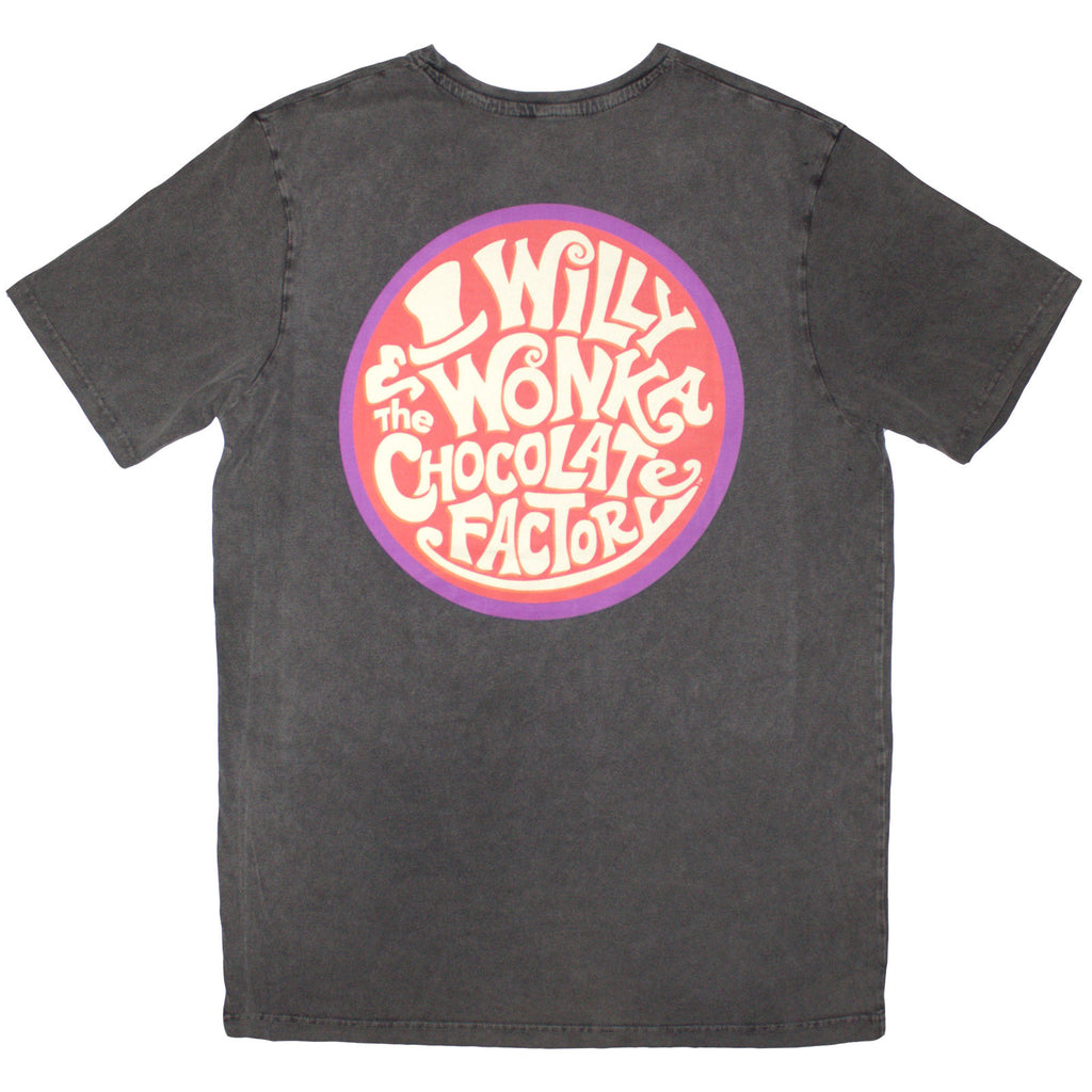 Willy Wonka Unisex Stone Wash T-Shirt: Logo Emblem (Charcoal Grey) (Back Print)