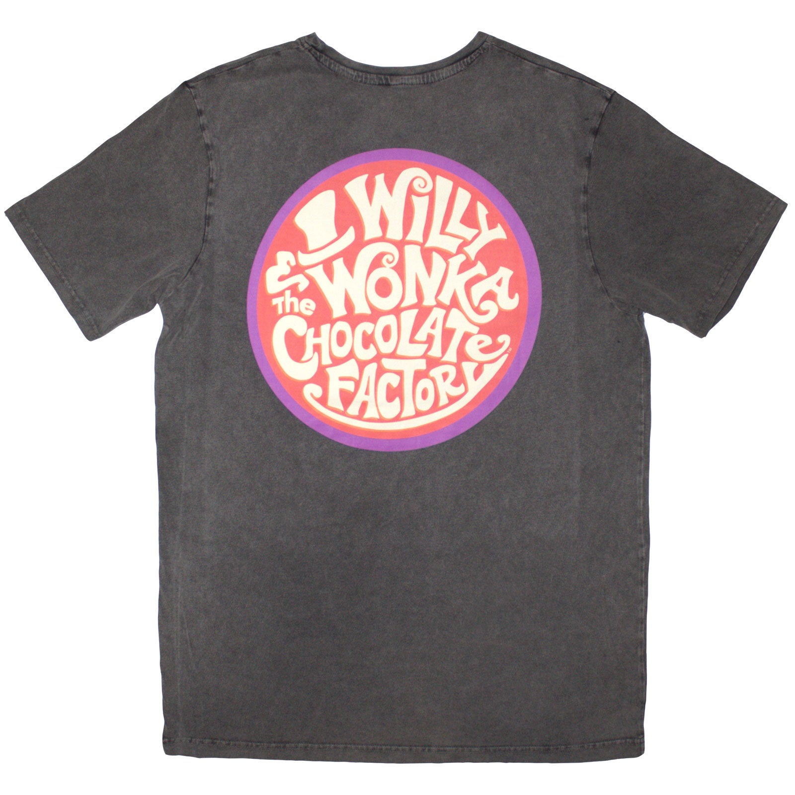 Willy Wonka Unisex Stone Wash T-Shirt: Logo Emblem (Charcoal Grey) (Back Print)