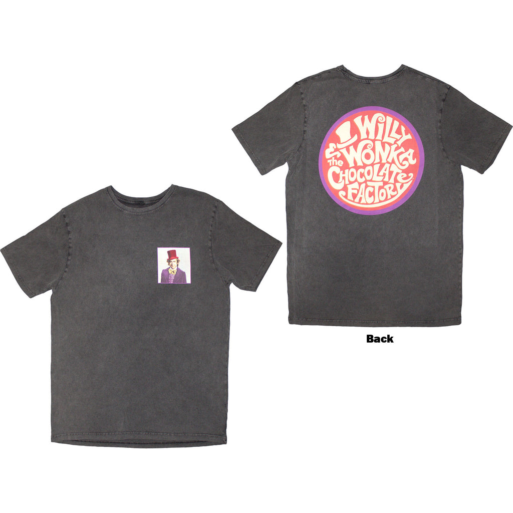 Willy Wonka Unisex Stone Wash T-Shirt: Logo Emblem (Charcoal Grey) (Back Print)