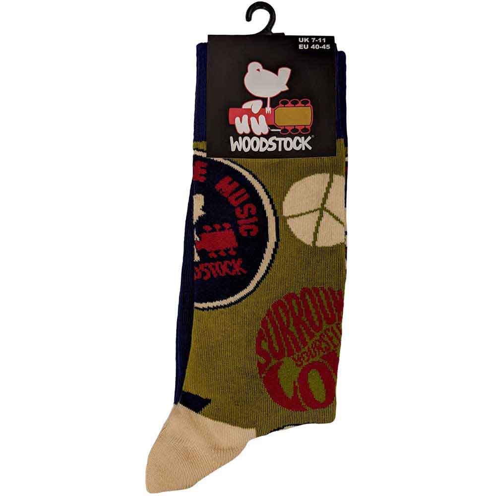 Woodstock Unisex Ankle Socks: Peace - Love - Music (Green) (UK Size 7 - 11)