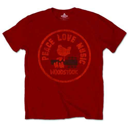 Woodstock Unisex T-Shirt: Love Peace Music (Maroon Red)