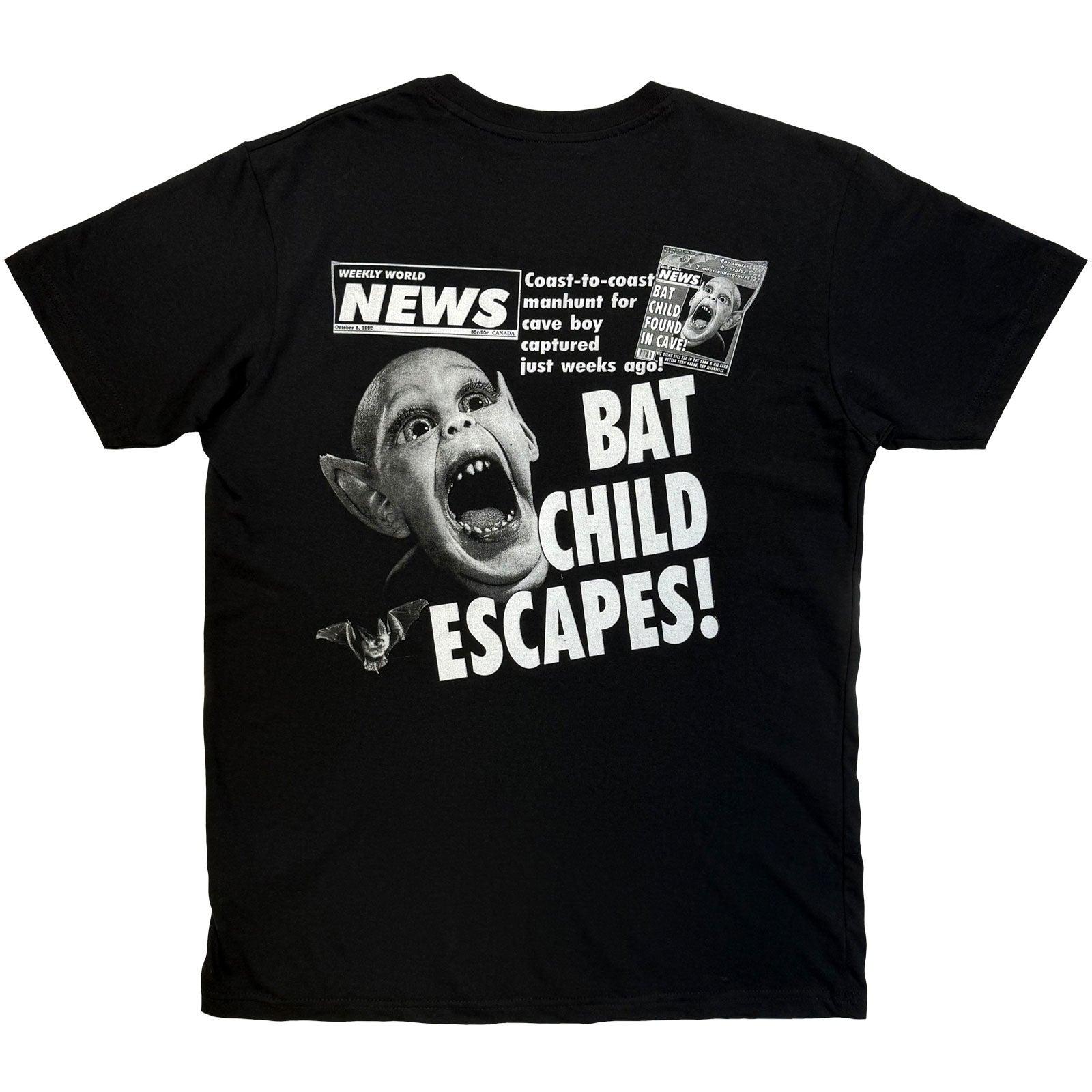 Weekly World News Unisex T-Shirt: Jumbo Bat Boy (Black) (Back Print)