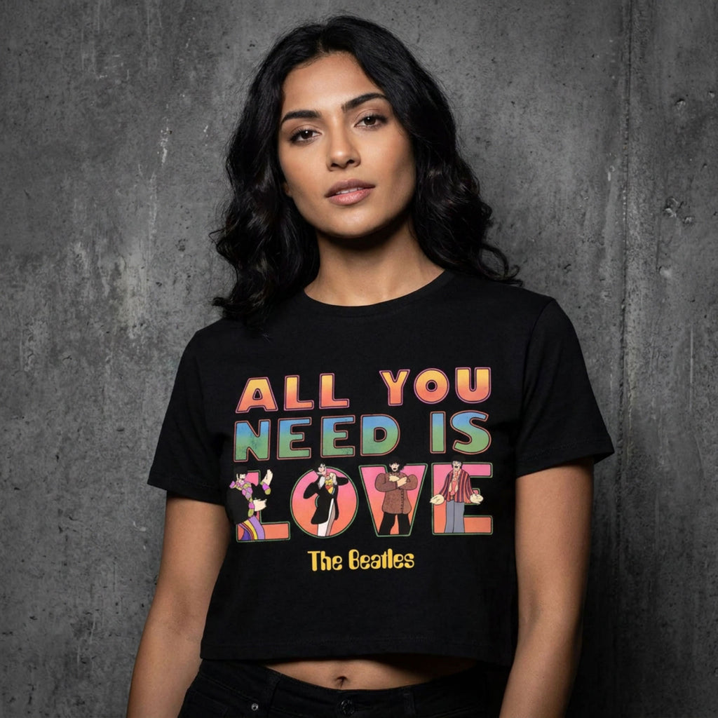 The Beatles Ladies Crop Top: Yellow Submarine AYNIL Stacked (Black)