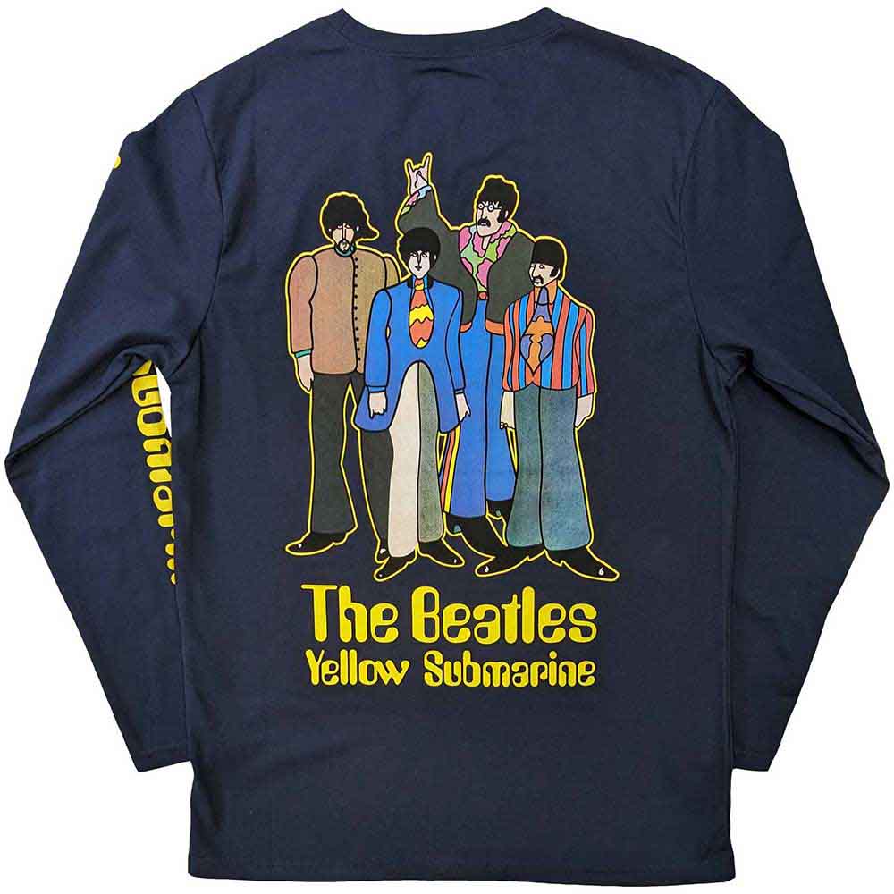 The Beatles Unisex Long Sleeve T-Shirt: Yellow Submarine Band (Navy Blue) (Back & Sleeve Print)