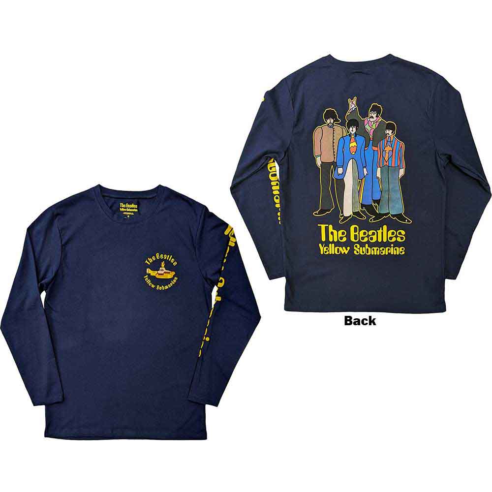 The Beatles Unisex Long Sleeve T-Shirt: Yellow Submarine Band (Navy Blue) (Back & Sleeve Print)