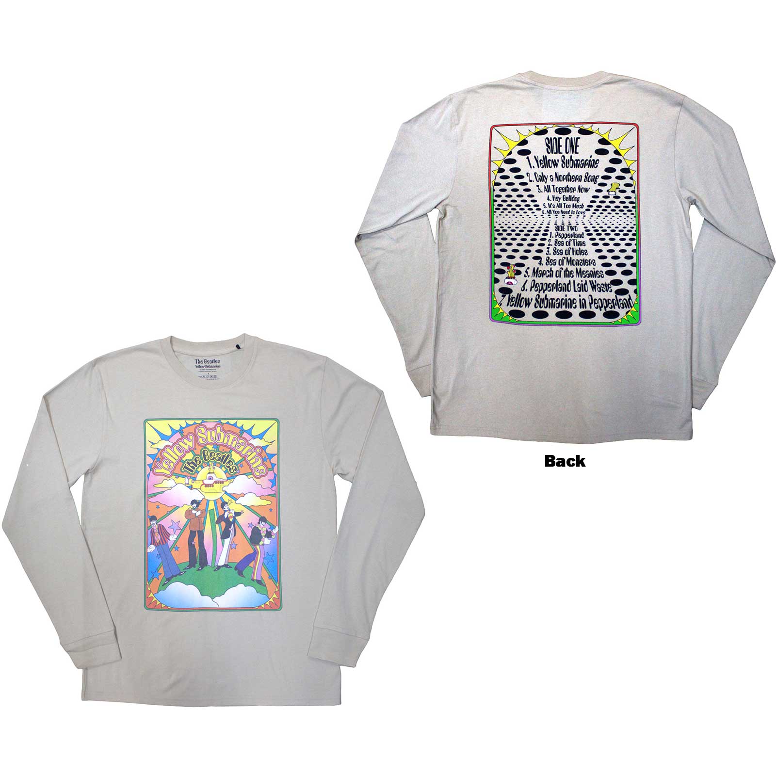 The Beatles Unisex Long Sleeve T-Shirt: Yellow Submarine Tracklist (Sand) (Back Print)
