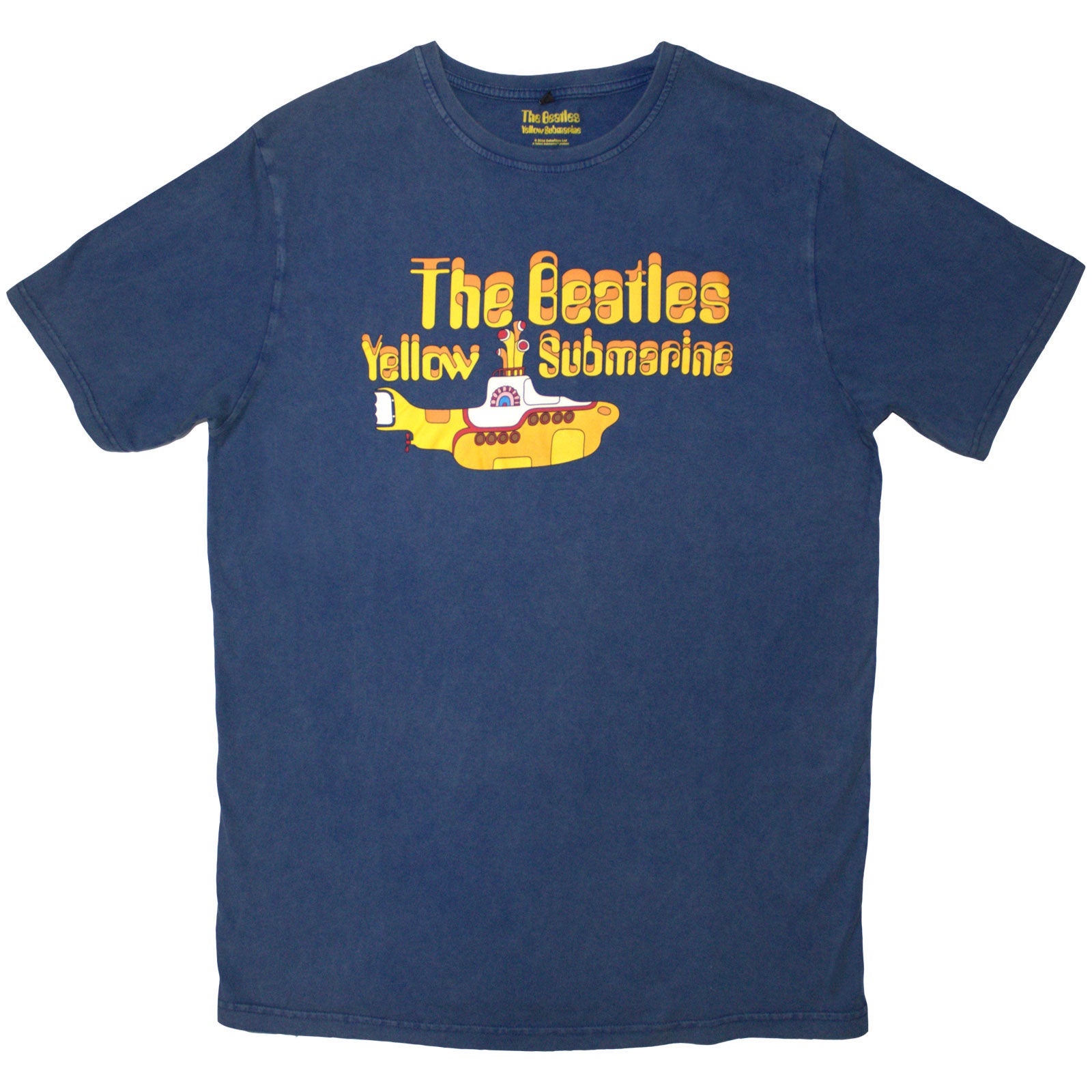 The Beatles Unisex Stone Wash T-Shirt: Logo & Sub (Denim Blue)