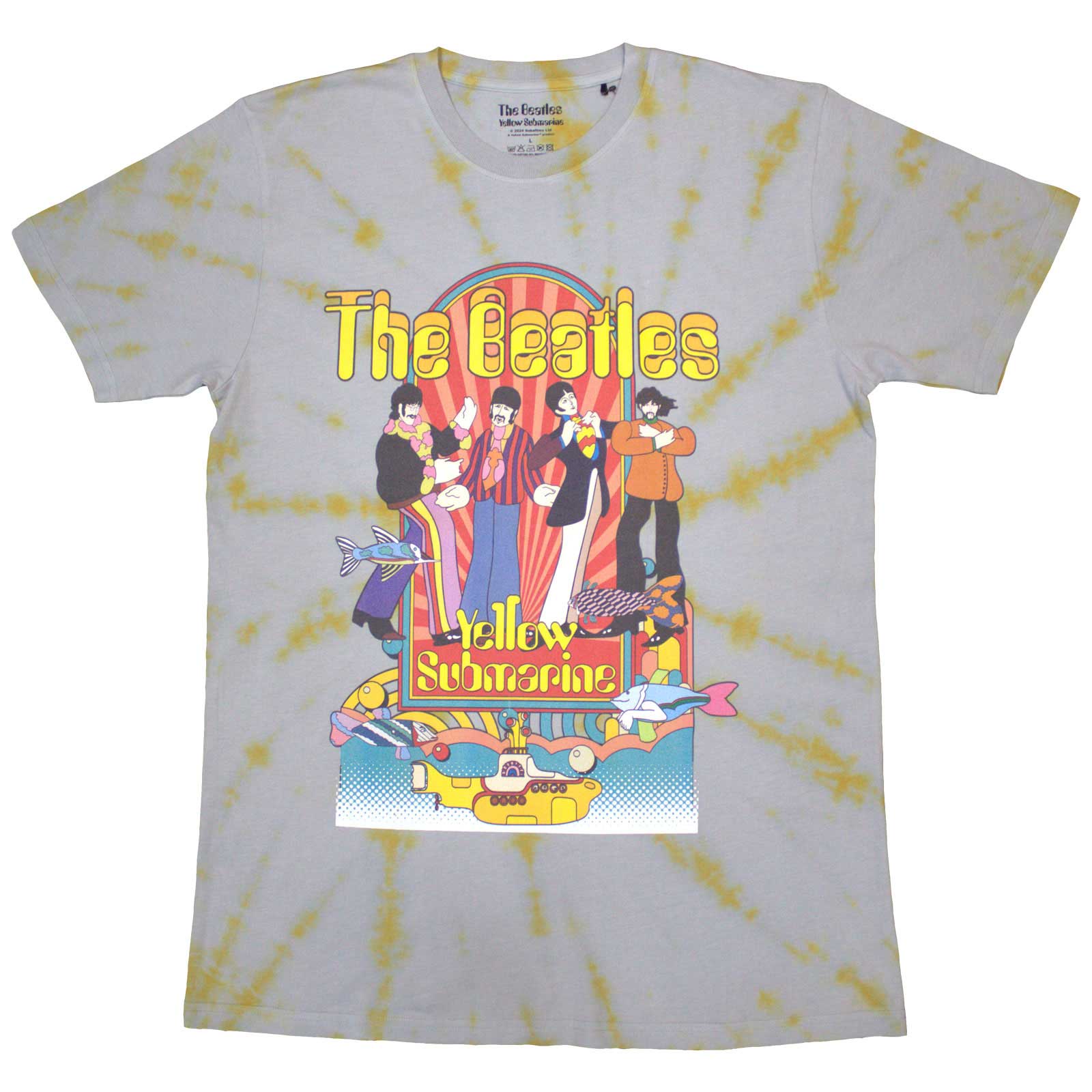 The Beatles Unisex T-Shirt: Yellow Submarine Band & Fish (Grey) (Wash Collection)