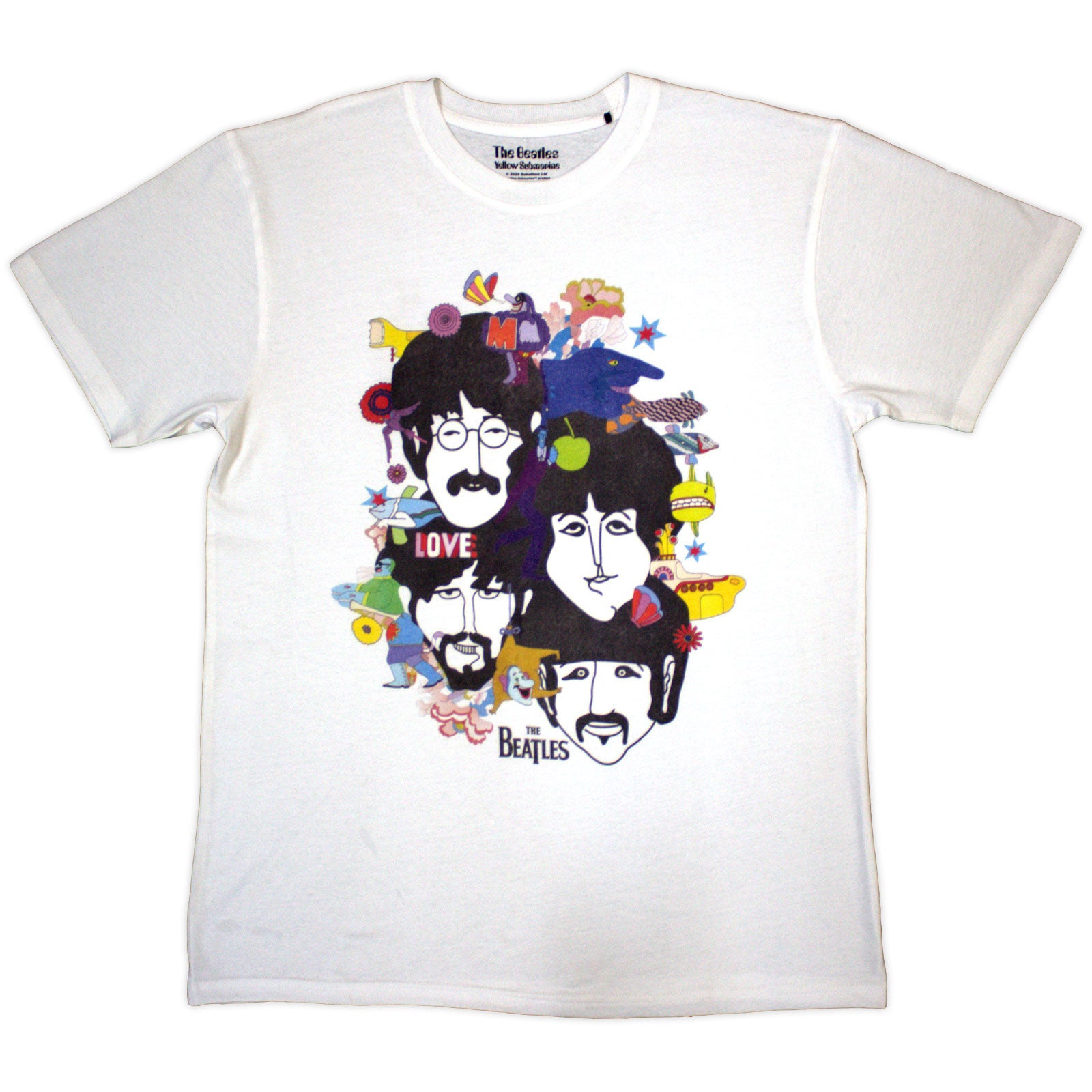 The Beatles Unisex T-Shirt: Yellow Submarine Heads Collage / ATN (White) (Back Print)