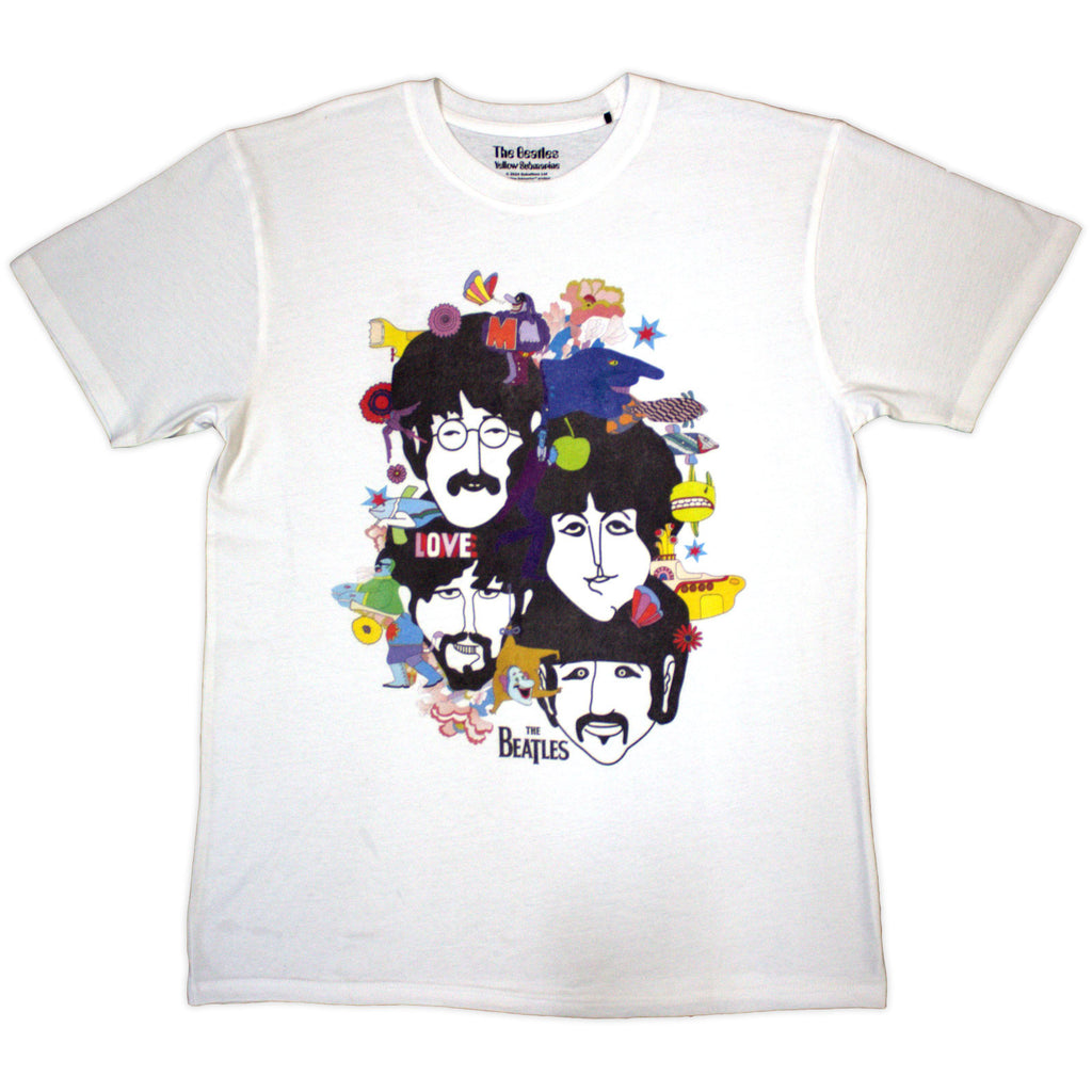 The Beatles Unisex T-Shirt: Yellow Submarine Heads Collage / ATN (White) (Back Print)