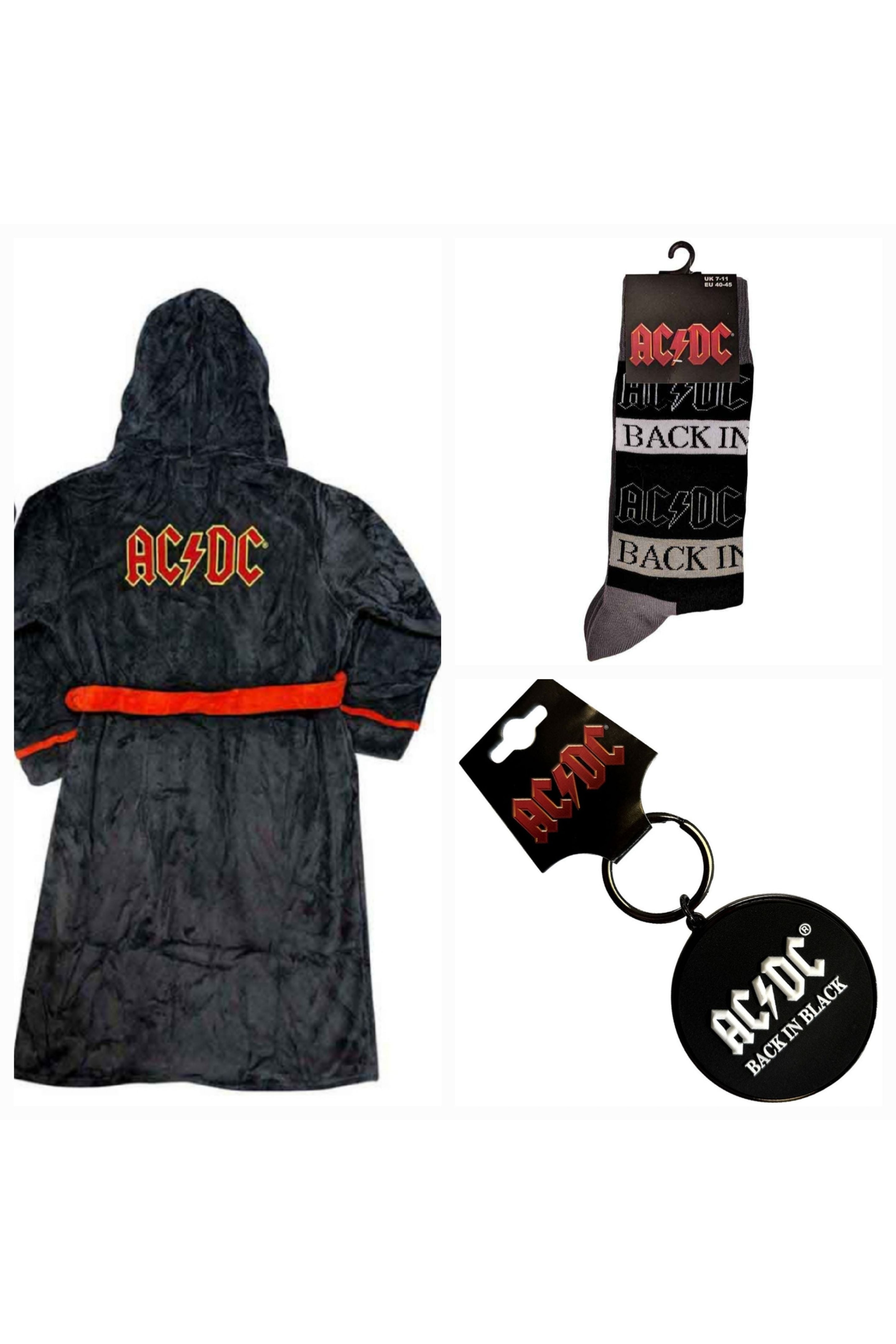 Official AC/DC Ultimate High-Voltage Gift Bundle – Dressing Gown + Back In Black Socks + Keyring