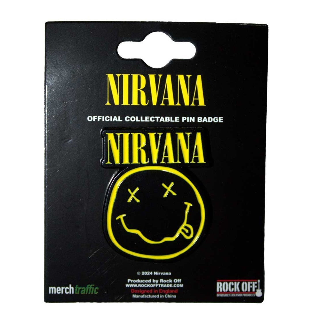 Official Nirvana 'Logo & Happy Face Cut-Out' Pin Badge - Black Dye | Grunge Gift