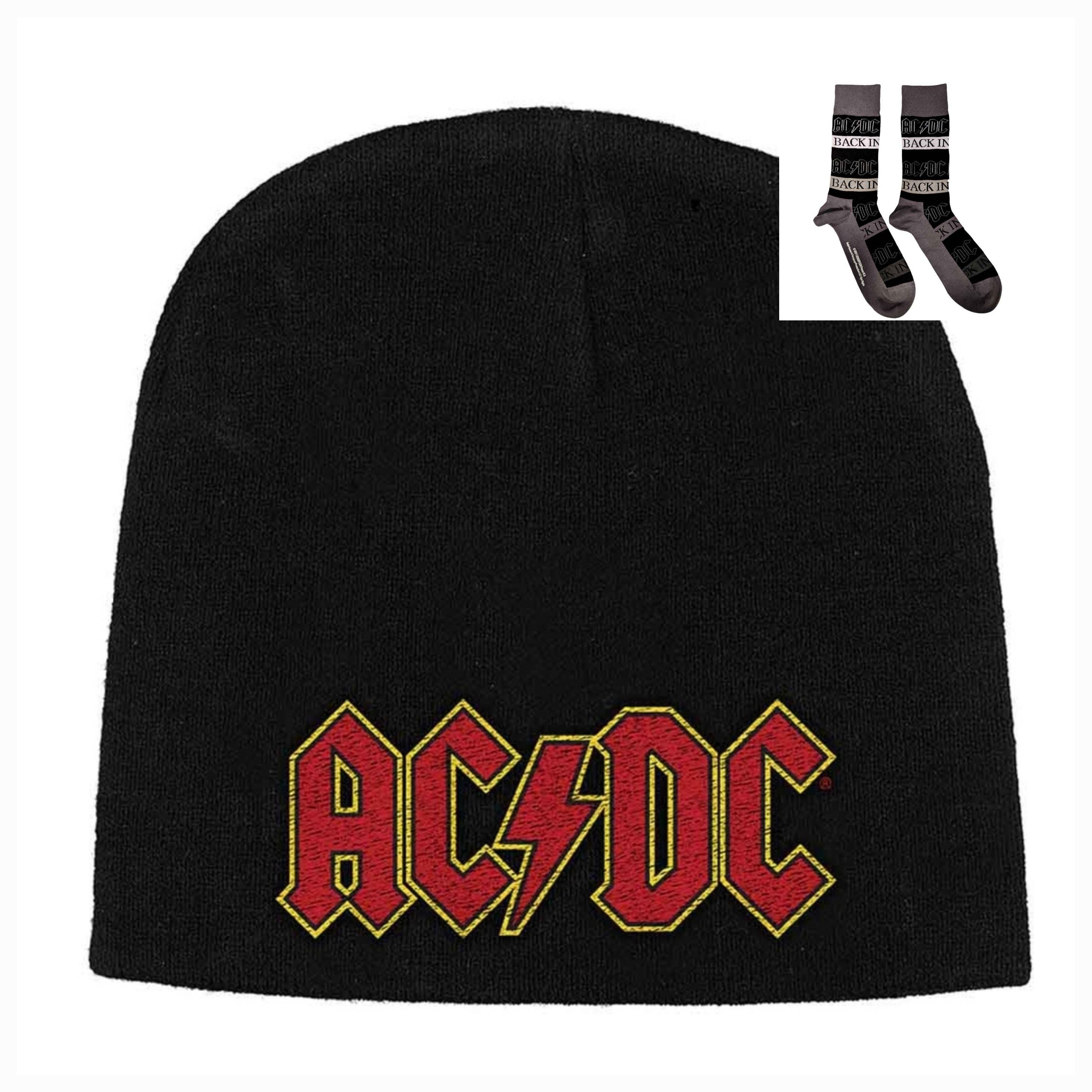Official AC/DC Gift Set – Logo Beanie Hat + Back In Black Socks | Ultimate Rock Christmas Gift