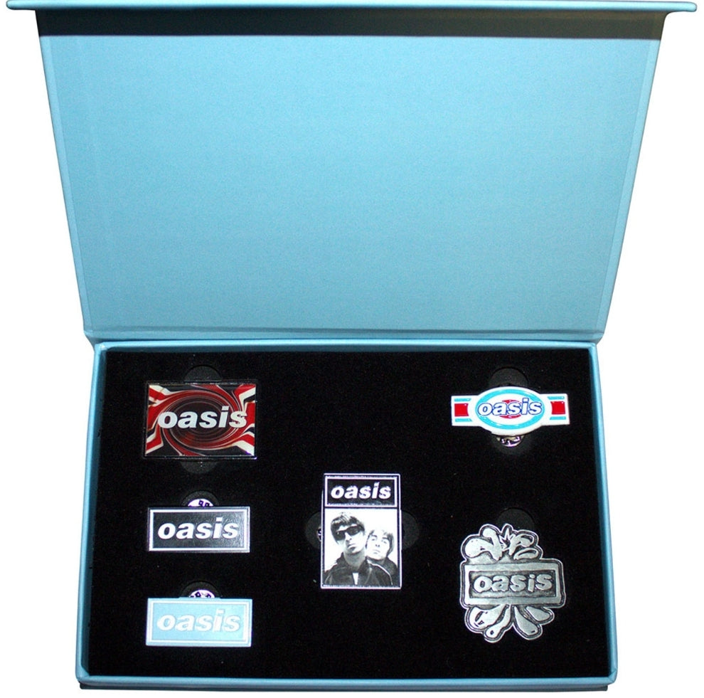 Official Oasis Logos Pin Badge Set - 6 Premium Finishes in Velvet Presentation Box Gift Set