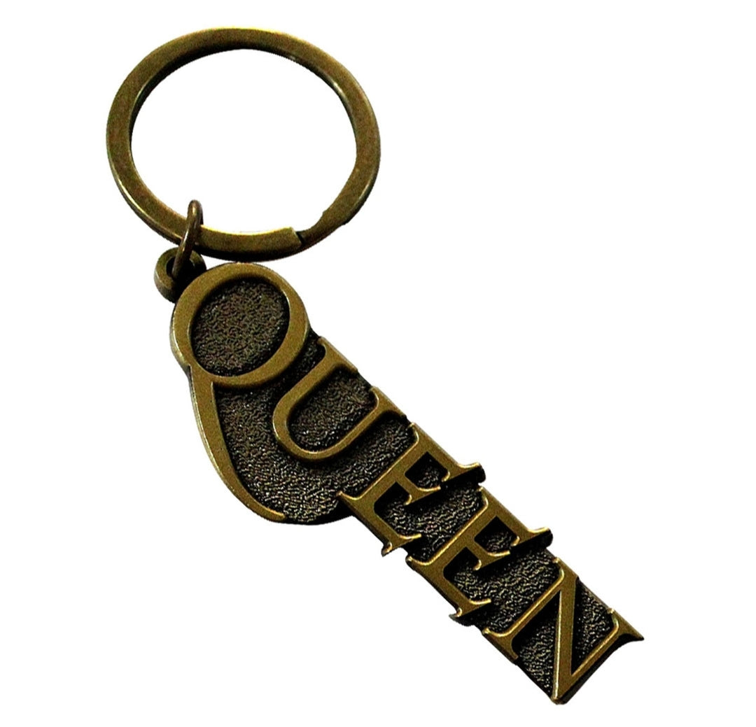 Queen 'Gold Logo' Keychain – Official Licensed Antiqued Gold Coloured Metal Keyring