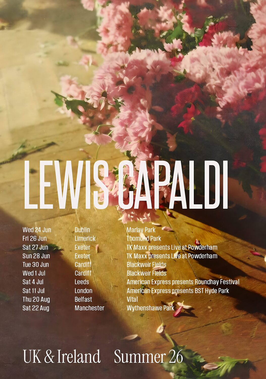 Lewis Capaldi Unisex T-Shirt Flowers UK Tour '25 (White) (Back Print) (Ex-Tour)