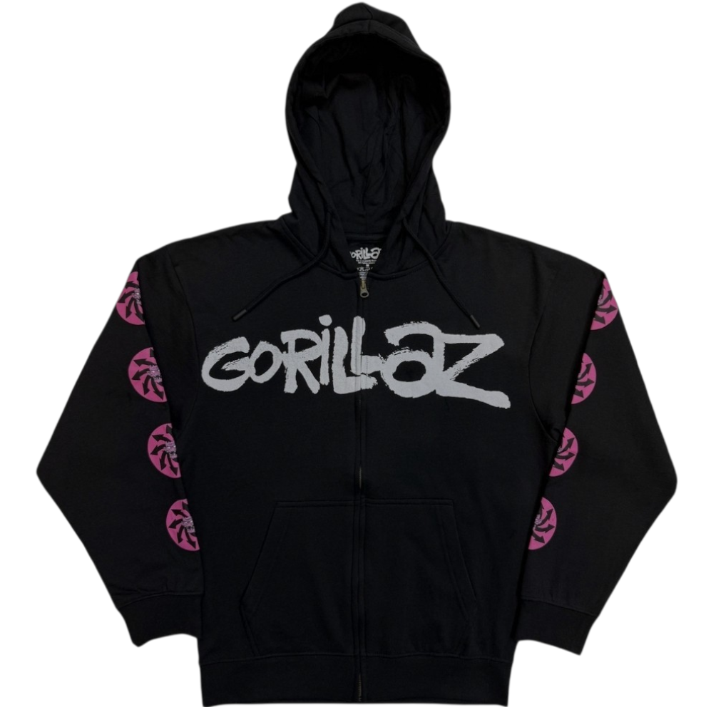 Official Licensed Gorillaz 'Repeat Pazuzu' Zipped Hoodie - Charcoal Grey Front & Sleeve Print