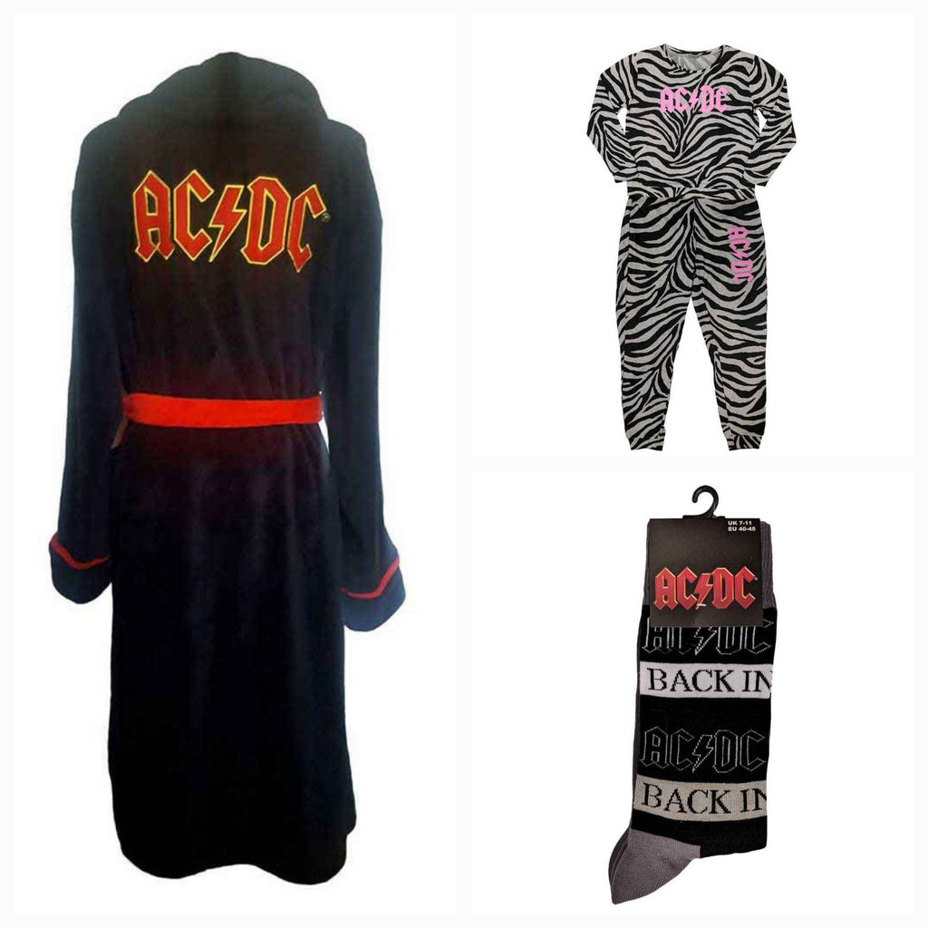 Official AC/DC Ultimate High-Voltage Lounge Bundle – Zebra Pyjama Set + Dressing Gown + Back In Black Socks